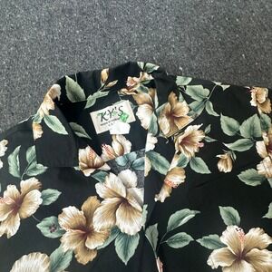 KY'S Button Front Shirt Mens S Black Hibiscus Floral Hawaiian Aloha Cotton